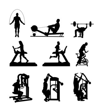Sport man exercises on gym fitness machine vector silhouette. Pressure for chest, legs. Pull down, stretching, worming up activity. Cardio bike. Cable Row. Jump rope skipping. Treadmill run training.