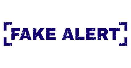 FAKE ALERT title seal print with grunge texture. Text title is placed inside corners. Blue vector rubber print of FAKE ALERT with grunge texture.