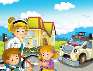 Obraz na płótnie Canvas cartoon scene with kids after bicycle accident and ambulance and doctor coming to help - illustration for children