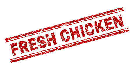 FRESH CHICKEN seal print with grunge texture. Red vector rubber print of FRESH CHICKEN text with scratched texture. Text label is placed between double parallel lines.