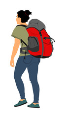 Passenger woman with luggage walking to airport vector illustration. Traveler girl with backpack go home. Lady carry baggage. Tourist with heavy cargo load waiting hiking on holiday. Refugee on border
