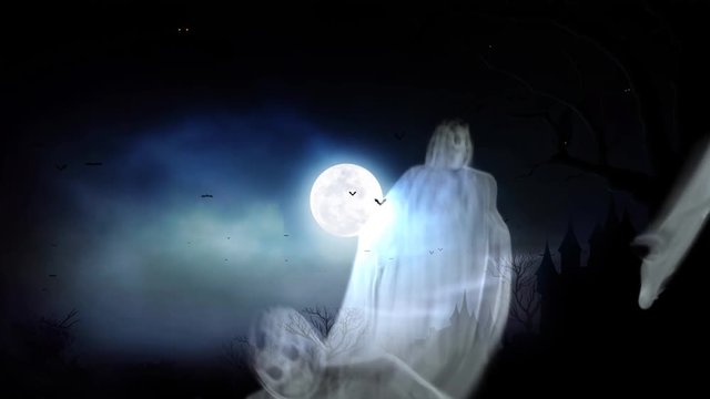 Ghosts of the Castle 4K Loop opens with bats flying around a castle with billowing clouds and ghosts flying in and out of the scene