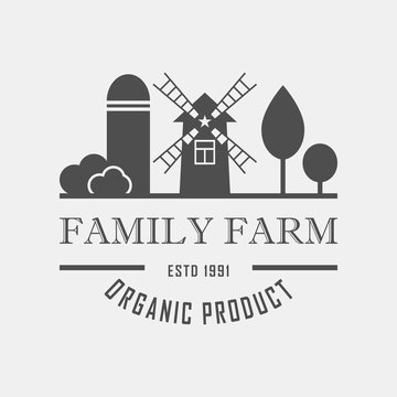 Family farm concept logo. Template with farm landscape. Label for ,organic and natural farm products. Dark logotype isolated on grey background. Vector illustration.