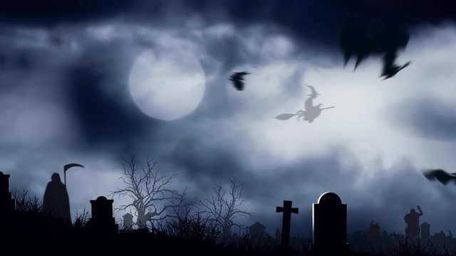 Graveyard Bats in the Moonlight features bats flying over a graveyard with moving clouds, a flying witch, zombies walking, and the grim reaper stalking