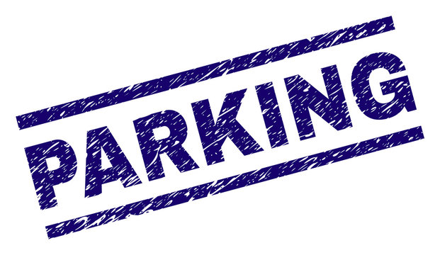 PARKING seal imprint with scratced style. Blue vector rubber print of PARKING text with dust texture. Text label is placed between parallel lines.