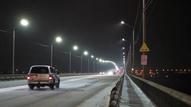 Accelerated Driving, Cars Ride Over Snow Bridge At Night
