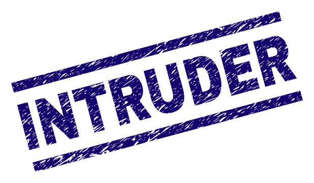 INTRUDER seal stamp with grunge style. Blue vector rubber print of INTRUDER text with grunge texture. Text label is placed between parallel lines.