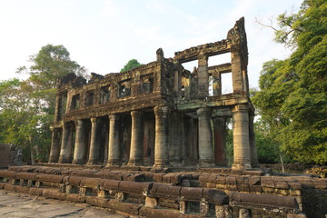 Siem Reap,Cambodia-Januay 12, 2019: A two-storied temple with round columns in Preah Khan, Siem Reap, Cambodia