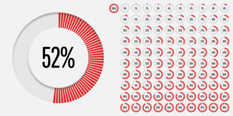 Set of circle percentage diagrams (meters) from 0 to 100 ready-to-use for web design, user interface (UI) or infographic - indicator with red - obrazy, fototapety, plakaty
