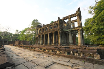 Fototapeta na wymiar Siem Reap,Cambodia-Januay 12, 2019: A two-storied temple with round columns in Preah Khan, Siem Reap, Cambodia 