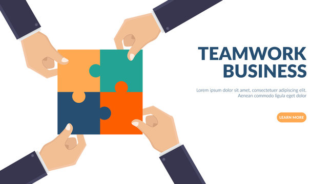 Team work business illustration concept, business hands connect puzzle, flat design vector illustration