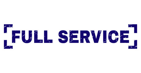 FULL SERVICE text seal print with corroded texture. Text tag is placed between corners. Blue vector rubber print of FULL SERVICE with scratched texture.