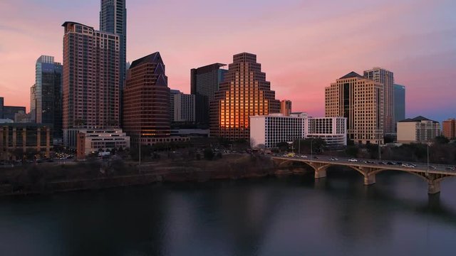 4K Austin Downtown Aerial Sunset Moody Bank