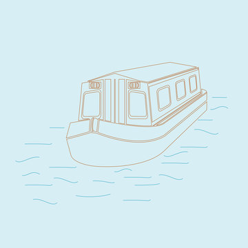 Editable Three-Quarter Top Front Side Oblique View Floating Canal Boat on Water Vector Illustration in Outline Style for Transportation or Recreation of United Kingdom or Europe Related Artwork