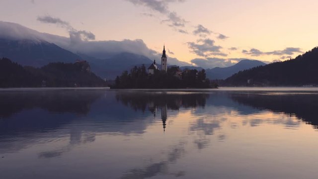 Sunset at Lake Bled, Slovenia with St. Marys Church of the Assumption on the small island video