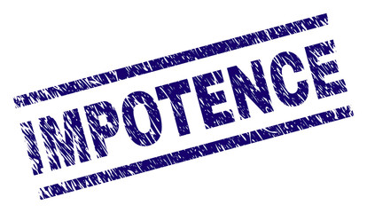 IMPOTENCE seal print with scratced style. Blue vector rubber print of IMPOTENCE title with scratched texture. Text title is placed between parallel lines.