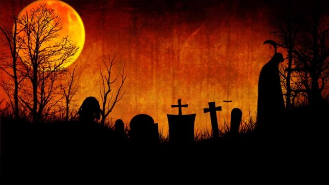 Haunted Graveyard Sunset 4K features bats flying over a graveyard with an orange sunset back, with moving clouds and smoke, zombies walking, and the grim reaper stalking