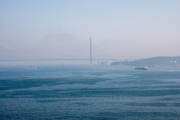 Primorsky Krai, the sea. Russian bridge, strait Bosphorus-East. Vladivostok city.