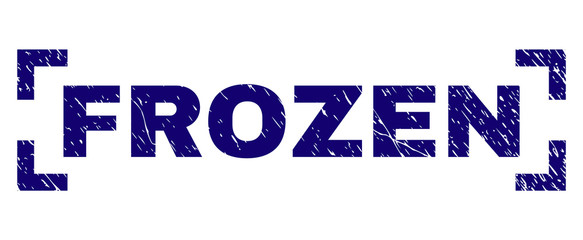 FROZEN label seal print with grunge style. Text label is placed inside corners. Blue vector rubber print of FROZEN with unclean texture.