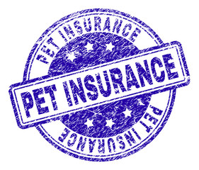 PET INSURANCE stamp seal imprint with grunge texture. Designed with rounded rectangles and circles. Blue vector rubber print of PET INSURANCE label with retro texture.