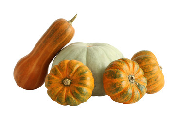 Muscat orange, light gray and small yellow-green pumpkins on white background