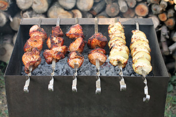 Pork and chicken barbecue on skewers frying on a grill brazier against fire wood stack background