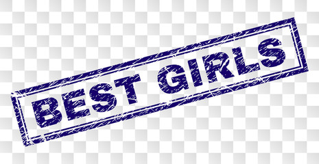 BEST GIRLS stamp seal print with rubber print style and double framed rectangle shape. Stamp is placed on a transparent background. Blue vector rubber print of BEST GIRLS title with dirty texture.