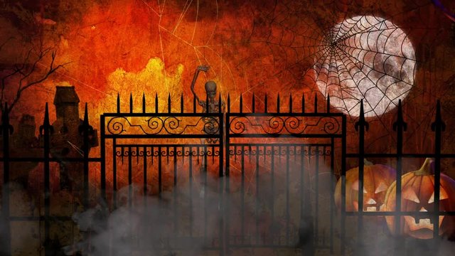 Halloween Skeleton Prance 4K features a skeleton dancing with a prance toward the camera and the gate opening to let him/her out. Perfect for Halloween