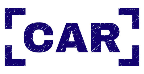 CAR label seal print with grunge effect. Text label is placed between corners. Blue vector rubber print of CAR with unclean texture.