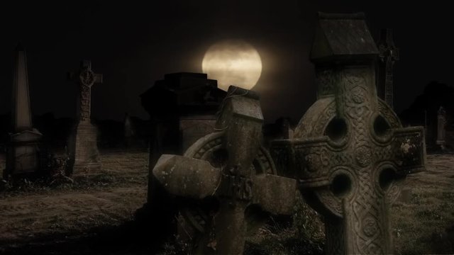 Old Cemetery features an old cemetery with some Celtic crosses in the foreground and an orange moon rising in the background with a bit of halo effect on the whole composition. Perfect for Halloween.