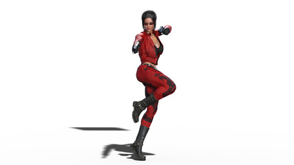 Naklejka na ściany i meble Action girl shooting guns, woman in red leather suit with hand weapons isolated on white background, 3D rendering