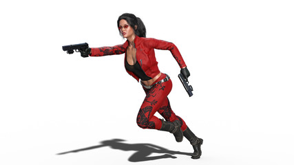 Action girl shooting guns, woman in red leather suit running with hand weapons on white background, 3D rendering