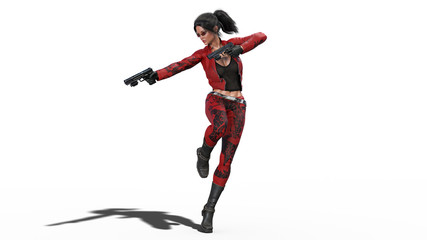 Action girl in jump shooting guns, woman in red leather suit with hand weapons isolated on white background, 3D rendering