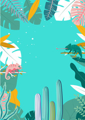Fototapeta na wymiar Jungle background with pink chameleon, vector illustration