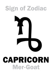 Astrology Alphabet: Sign of Zodiac CAPRICORN (The Mer-Goat). Hieroglyphics character sign (single symbol).