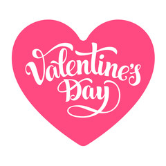 Valentines Day lettering on pink heart isolated on white background