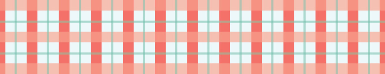A modern look at the classic plaid border. Coral, peach and mint on a light background, this seamless vector design is great for fabric and wallpaper borders, ribbon, washi tape and tea towels.