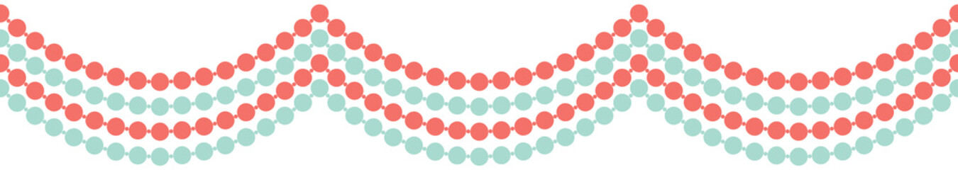 Multicolor strands of pearls alternate between coral and turquoise in this seamless vector border. Pretty, feminine, swagged necklace background. For fashion, home decor, textiles and stationery use.