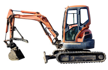 Isolated side view of muddy and weathered backhoe excavator.
