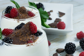 Dessert of yogurt with chocolate, red berries and mint.