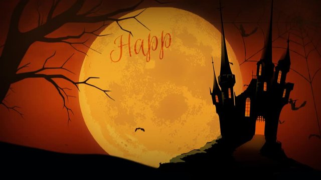 Full Moon Happy Halloween Castle 4K Loop features a full moon in an orange sky with a tree and castle silhouette and bats flying and a hand written Happy Halloween appearing on the moon in a loop