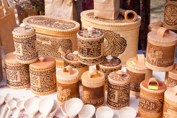 Russia, Khabarovsk, August 18, 2018: birch bark dishes and wooden spoons