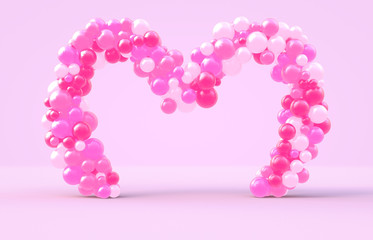 3d rendering. Sweet Valentine's day heart shape frame with pink candy ballloons backdrop. Love Concept. Pink background.