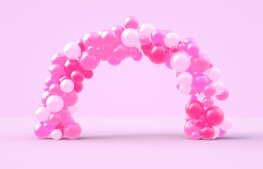 3d rendering. Sweet Valentine's day arch frame with pink candy ballloons backdrop. Love Concept. Pink background.