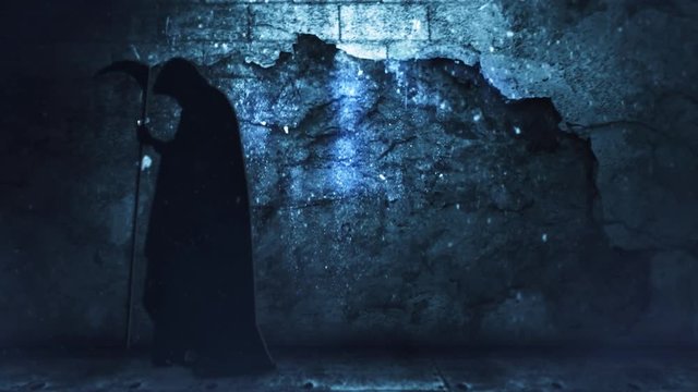 Grim Reaper Blue Grunge Wall 4K features a grim reaper silhouette moving around in front of a partially destroyed wall with debris falling and lights moving