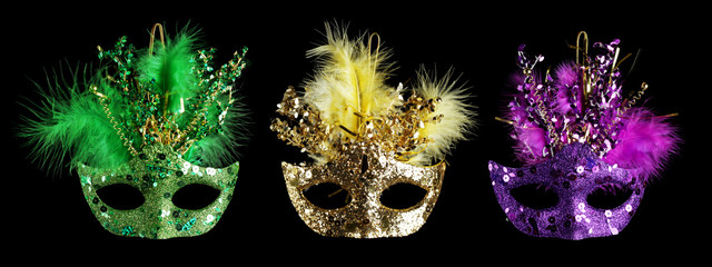 Colorful Mardi Gras masks isolated on black