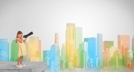 Kid looking through spyglass from the top of a building to a big colorful city
