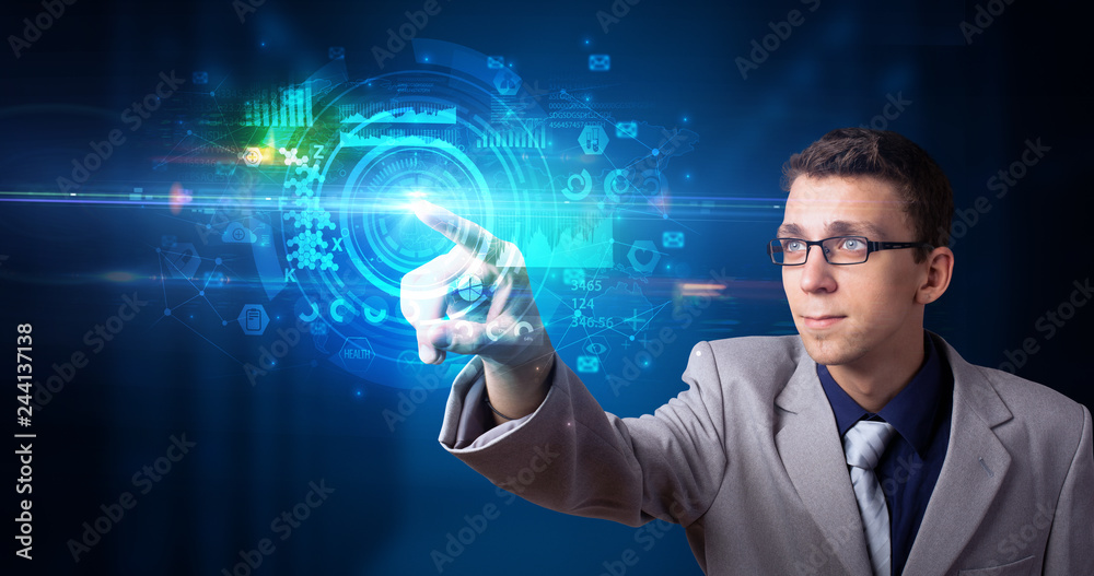 Poster man touching hologram screen displaying medical symbols and charts