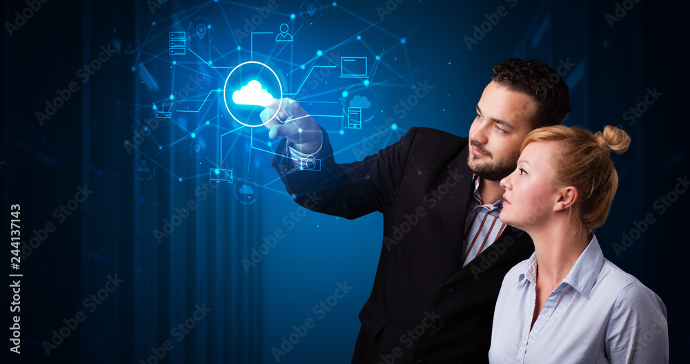 Poster man and woman touching hologram projection displaying cloud system