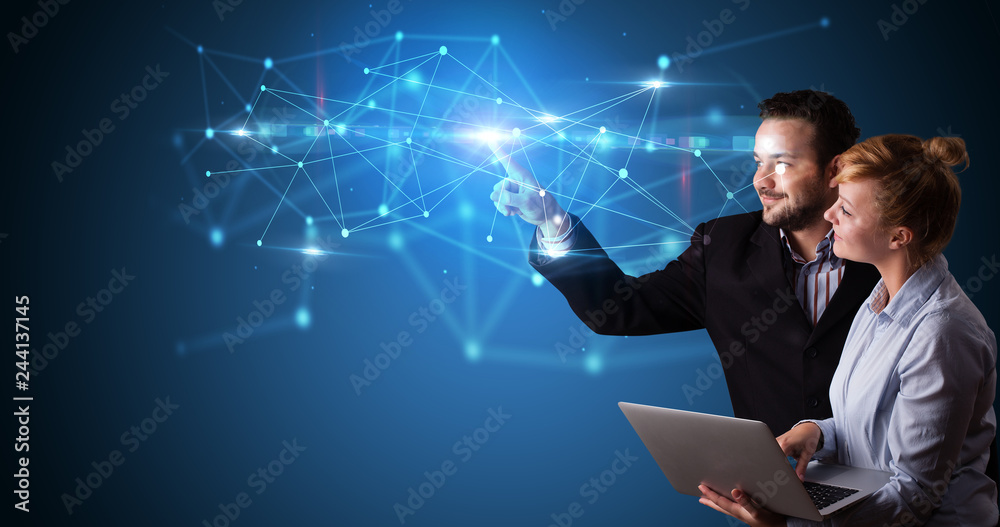 Poster man and woman touching hologram screen displaying modern web system